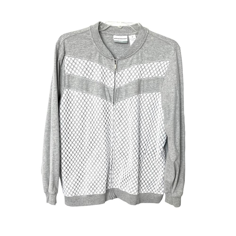 ALFRED DUNNER LONG SLEEVE TRACK JACKET, WOMENS, 16P, HEATHER GREY & WHITE LACE